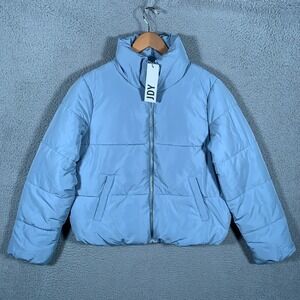 JDY Newerica Short Padded Jacket Womens Large Ashley Blue/Silver Zip Quilted NWT